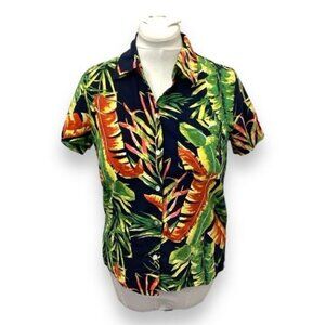 Panama Jack Women’s Button Front Linen Blend Hawaiian Shirt, Black, size S